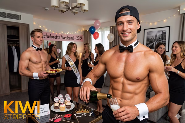 Two topless bowtie waiters in white cuffs working a NZ hens party as a coordinated duo across a 2-hour main event booking