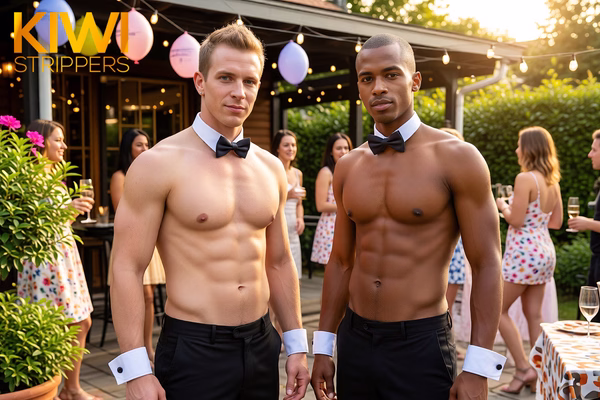 Two topless bowtie waiters serving hens on an Auckland harbour party boat with black bowties and white cuffs