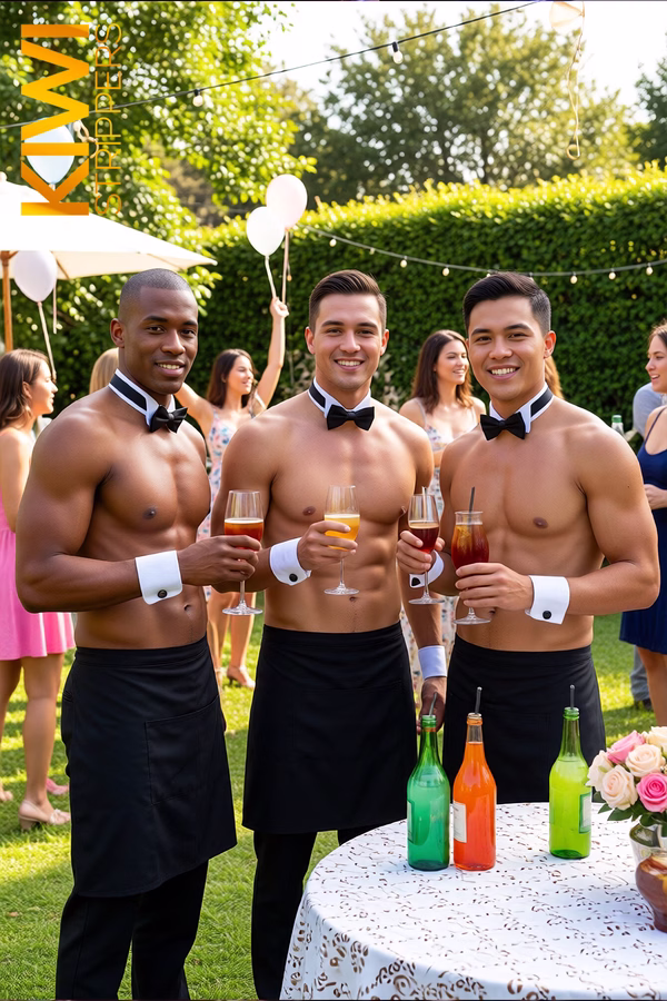 Three topless bowtie and cuffs waiters working a girls weekend hens party, bare chests in matching black bowties and white cuffs