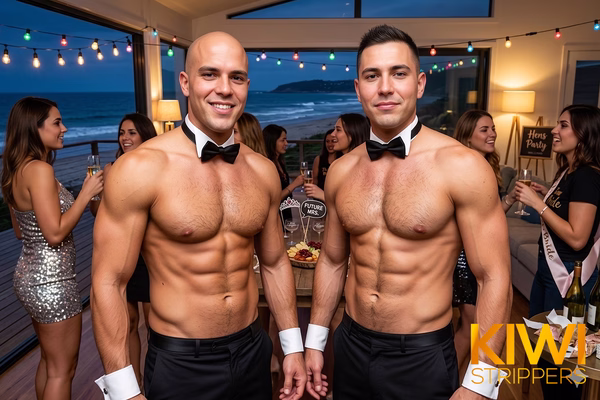 Two topless waiters in matching black bowties and cuffs working a 5-hour hens night service