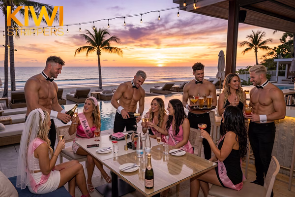 Four topless bowtie and cuffs waiters lined up for an ultimate hens night package booking in NZ